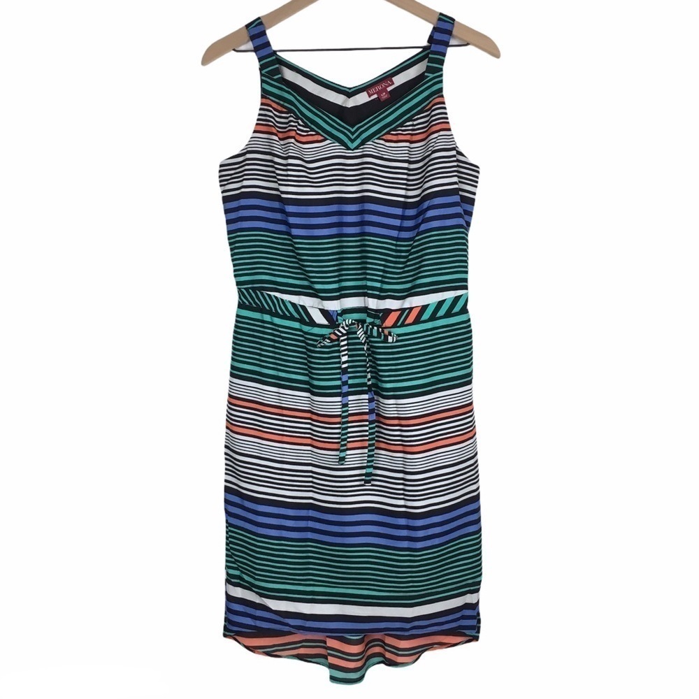 MERONA Sun Dress V Neck Hi Lo Drawstring Waist Stripe Sleeveless Size Small